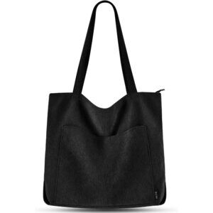 Women Black Corduroy Polyester Lining Shoulder Bag with Zipper And Pockets